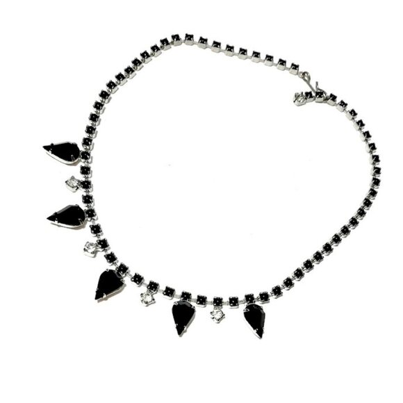 1960s True Vintage Short Necklace Choker With Black And Clear Rhinestones - Picture 2 of 5